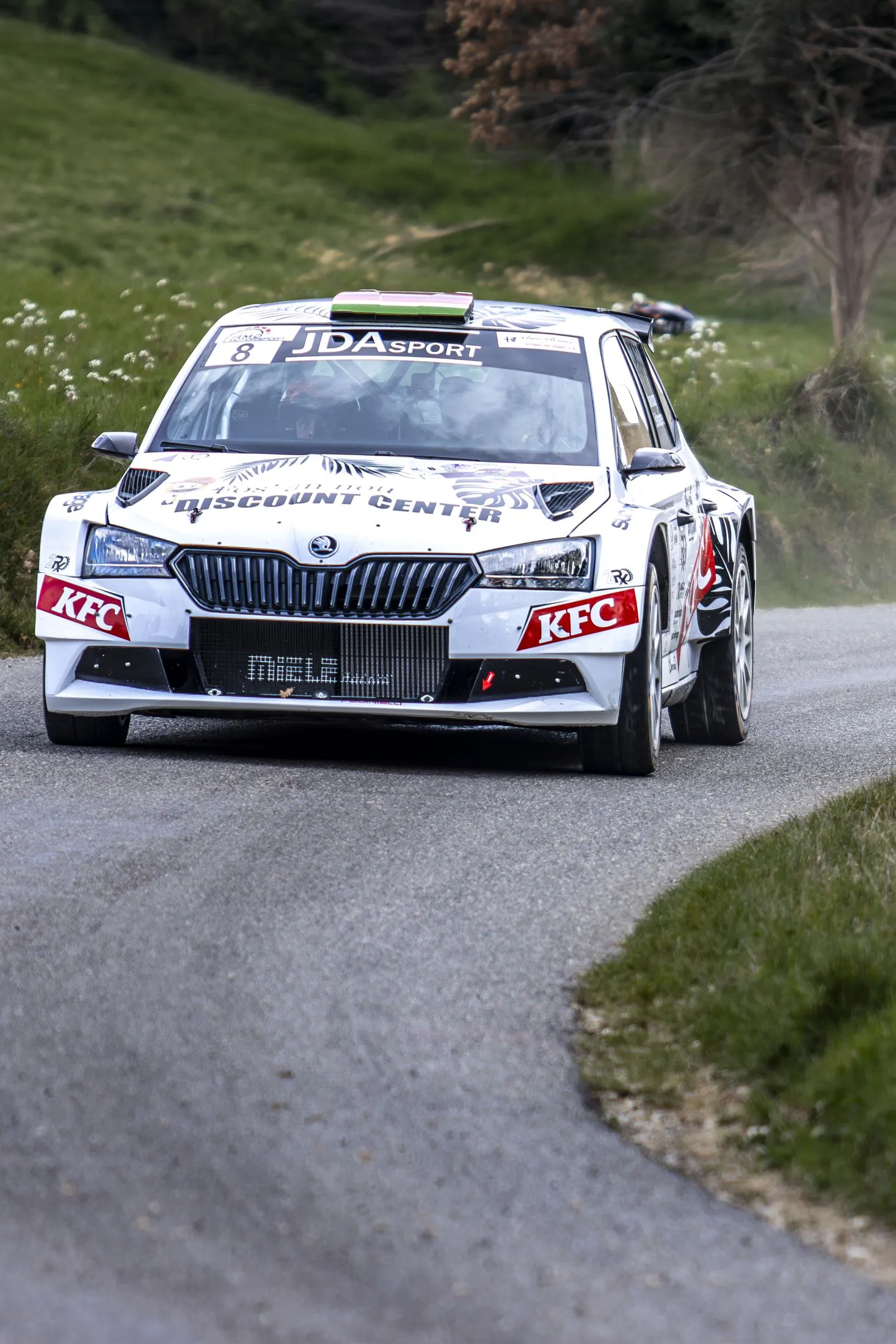 Voiture de rallye sur route de campagne, format portrait
